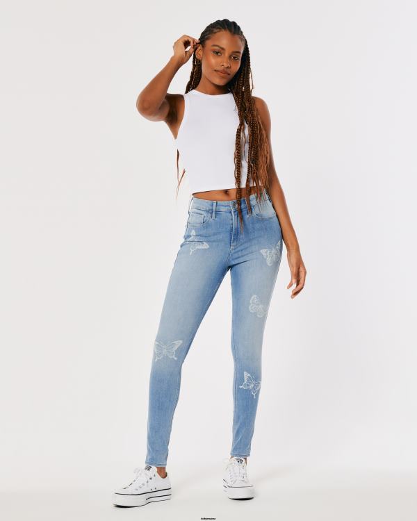 jean super skinny taille haute à imprimé papillons délavé moyen femmes lavage moyen Hollister bas RRRJX732
