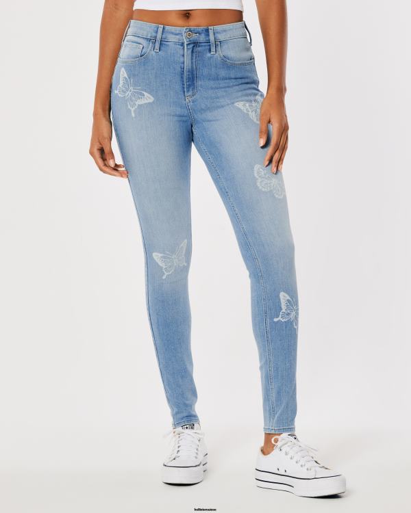 jean super skinny taille haute à imprimé papillons délavé moyen femmes lavage moyen Hollister bas RRRJX732