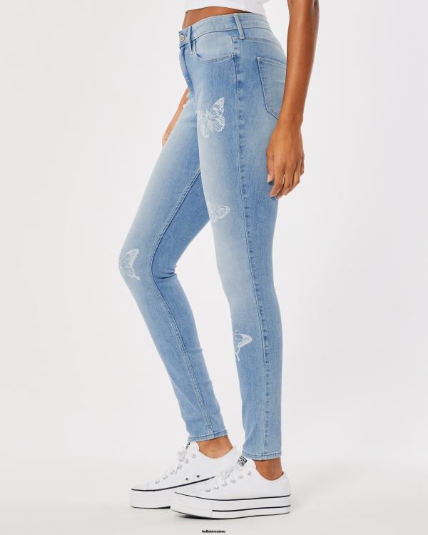 jean super skinny taille haute à imprimé papillons délavé moyen femmes lavage moyen Hollister bas RRRJX732