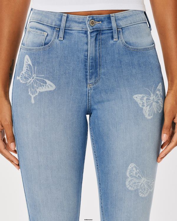 jean super skinny taille haute à imprimé papillons délavé moyen femmes lavage moyen Hollister bas RRRJX732