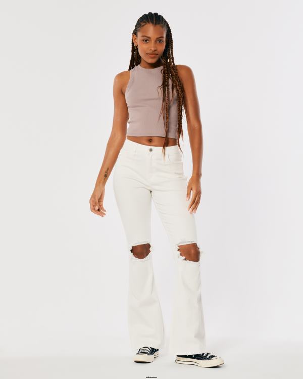jean évasé blanc déchiré à taille haute femmes blanc Hollister bas RRRJX756