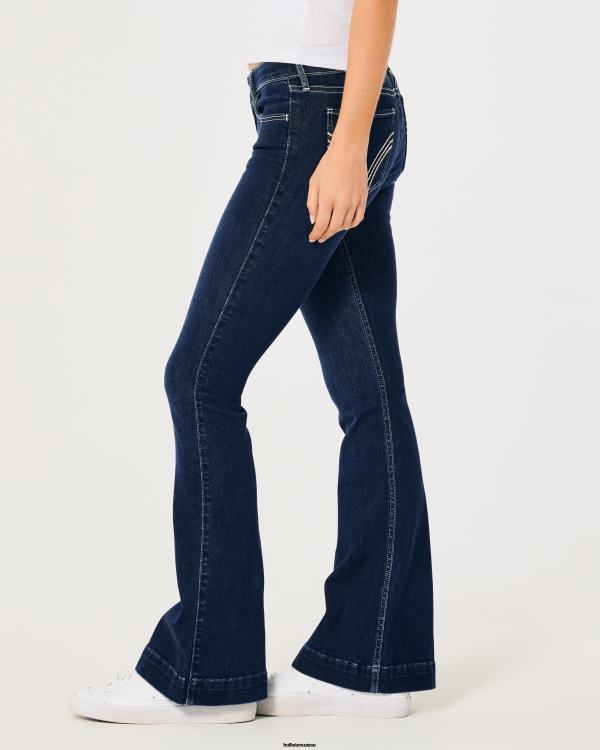 jean évasé taille basse délavé foncé à coutures contrastées femmes lavage foncé Hollister bas RRRJX681
