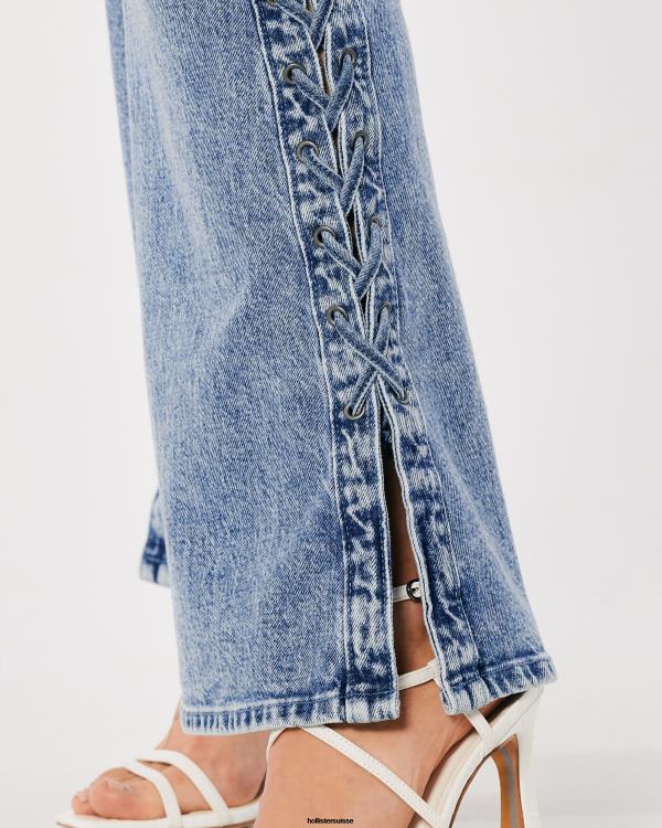 jean évasé à taille haute et délavé moyen léger à lacets sur les côtés pour touristes sociaux femmes lavage moyen léger Hollister bas RRRJX761