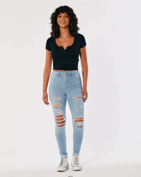 legging en jean délavé clair déchiré à taille ultra haute femmes lavage léger déchiqueté Hollister bas RRRJX714
