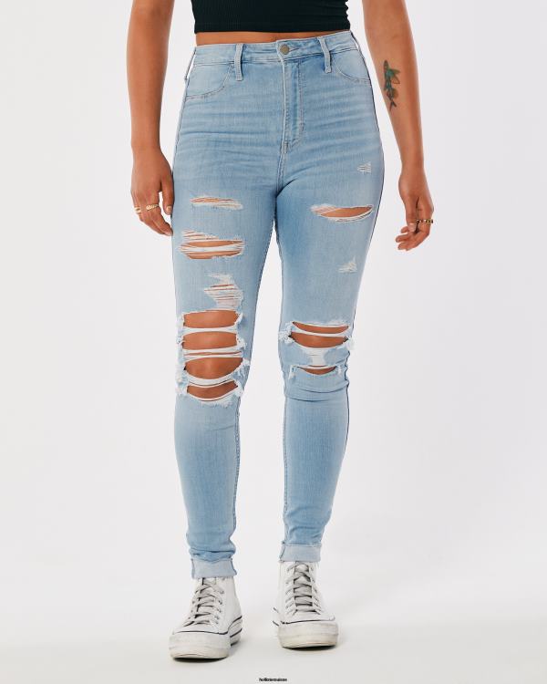 legging en jean délavé clair déchiré à taille ultra haute femmes lavage léger déchiqueté Hollister bas RRRJX714