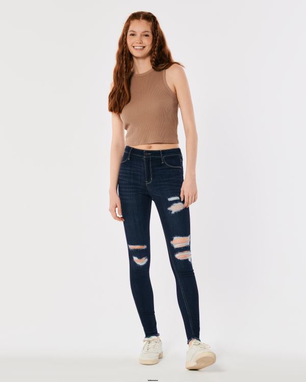 legging taille haute en jean délavé foncé déchiré femmes genou noir détruit Hollister bas RRRJX742