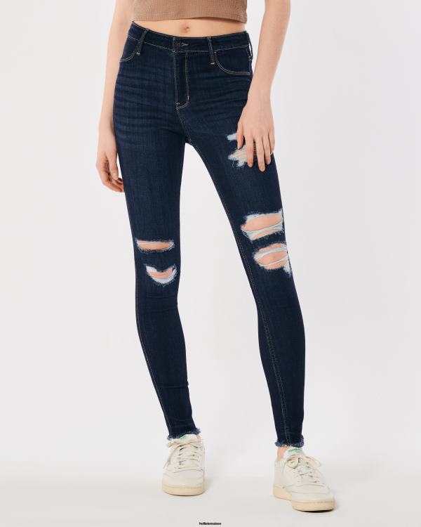 legging taille haute en jean délavé foncé déchiré femmes genou noir détruit Hollister bas RRRJX742