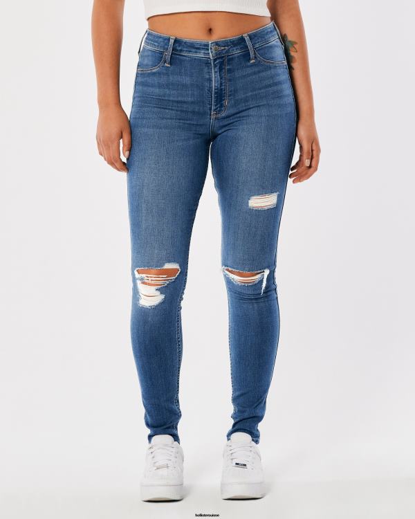 legging taille haute en jean délavé moyen déchiré femmes lavage déchiré moyen Hollister bas RRRJX767