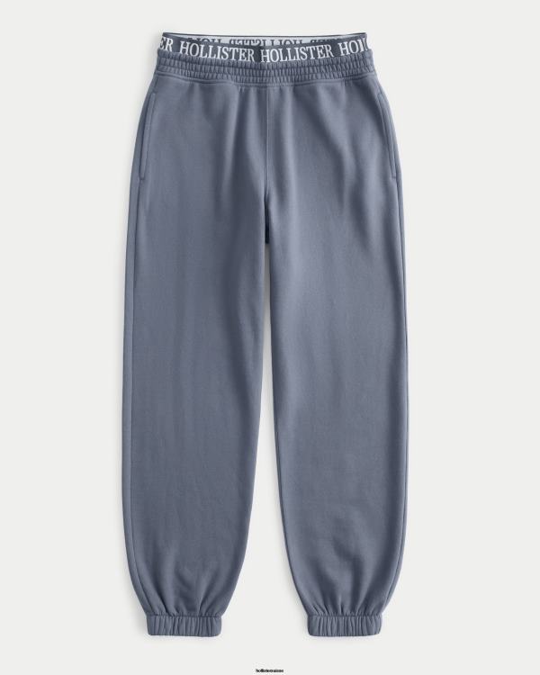 pantalon de jogging papa en molleton à taille ultra haute avec logo femmes bleu Hollister bas RRRJX638