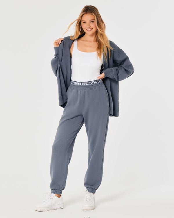 pantalon de jogging papa en molleton à taille ultra haute avec logo femmes bleu Hollister bas RRRJX638