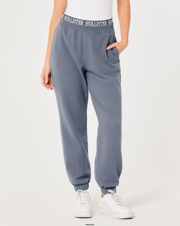 pantalon de jogging papa en molleton à taille ultra haute avec logo femmes bleu Hollister bas RRRJX638