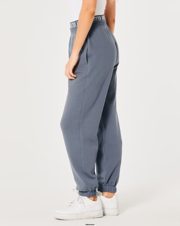pantalon de jogging papa en molleton à taille ultra haute avec logo femmes bleu Hollister bas RRRJX638