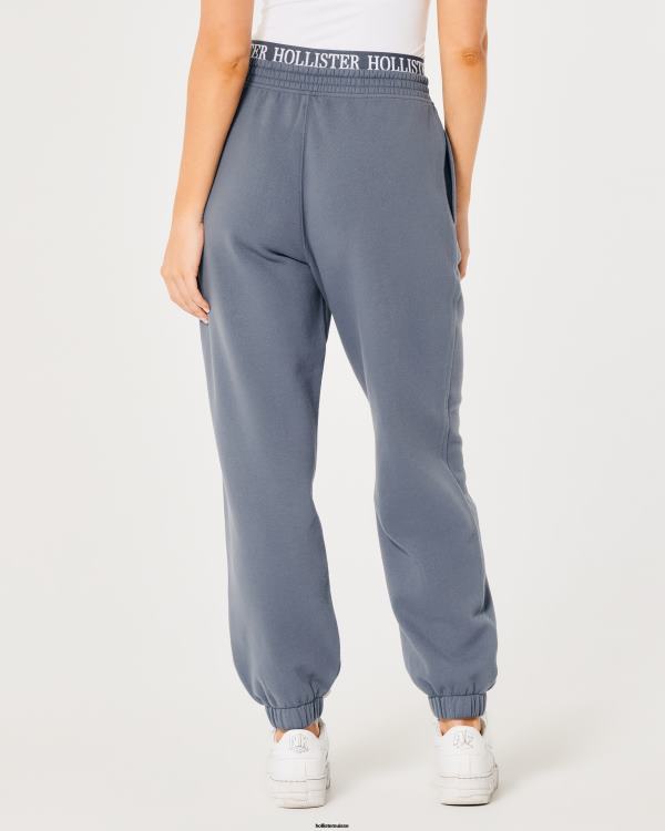 pantalon de jogging papa en molleton à taille ultra haute avec logo femmes bleu Hollister bas RRRJX638