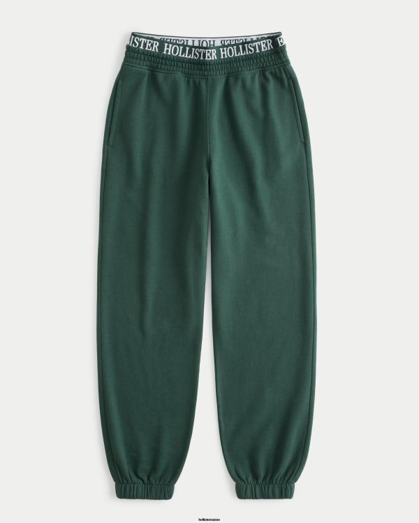 pantalon de jogging papa en molleton à taille ultra haute avec logo femmes vert foncé Hollister bas RRRJX690