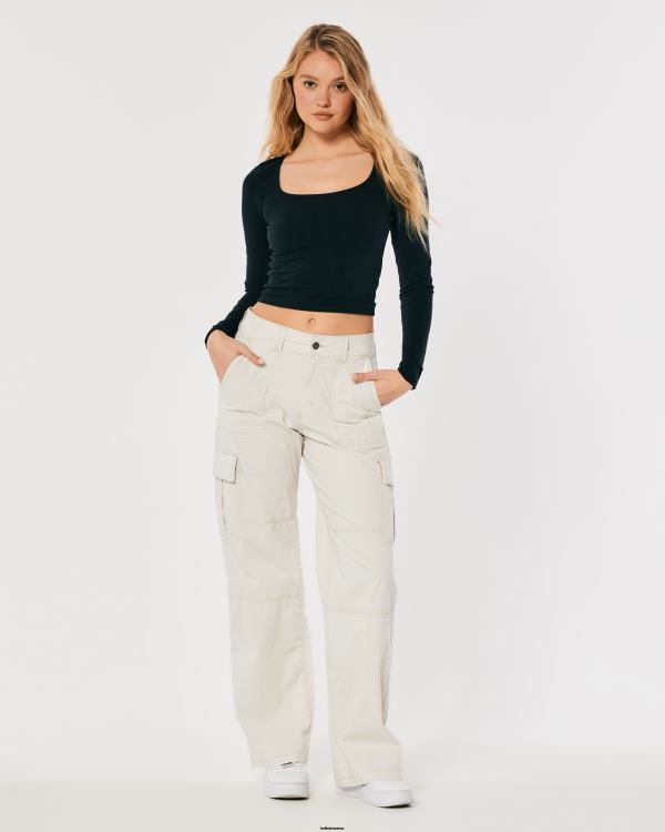 pantalon cargo ample en popeline à taille haute femmes crème Hollister bas RRRJX465