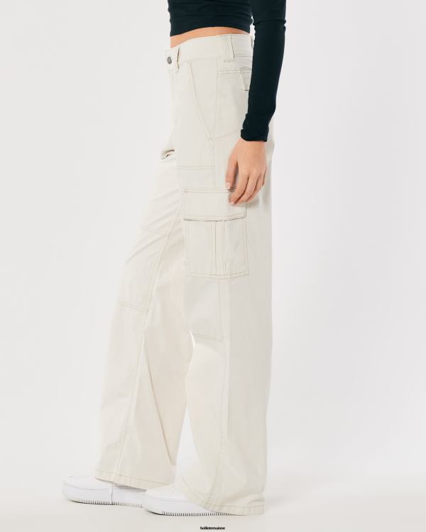 pantalon cargo ample en popeline à taille haute femmes crème Hollister bas RRRJX465