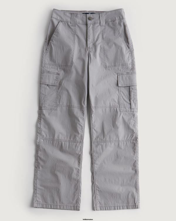 pantalon cargo ample en popeline à taille haute femmes gris Hollister bas RRRJX569