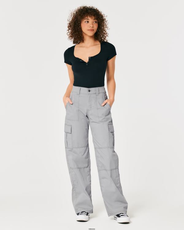 pantalon cargo ample en popeline à taille haute femmes gris Hollister bas RRRJX569