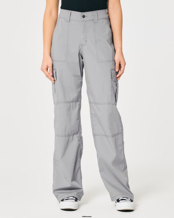 pantalon cargo ample en popeline à taille haute femmes gris Hollister bas RRRJX569
