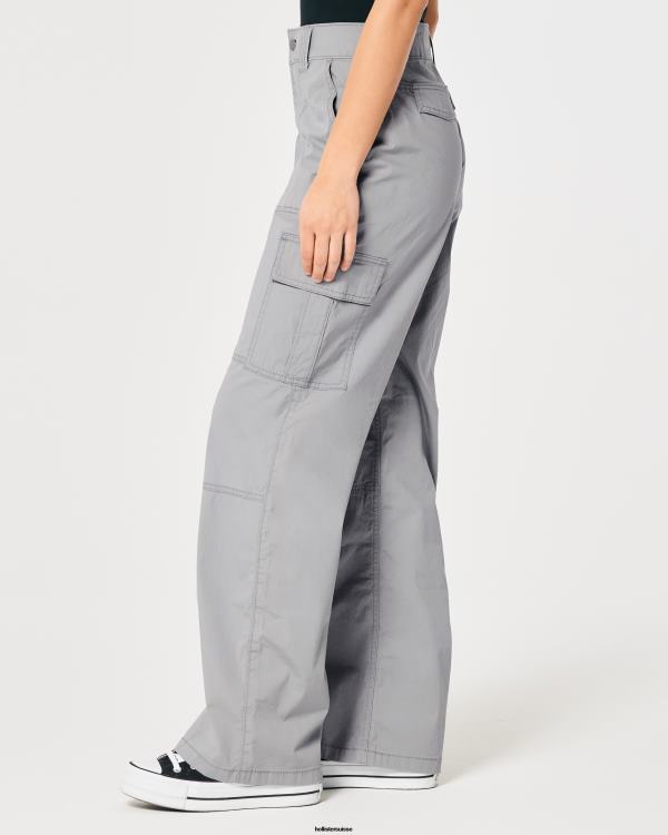 pantalon cargo ample en popeline à taille haute femmes gris Hollister bas RRRJX569