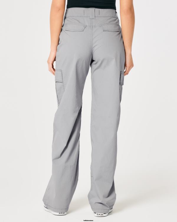 pantalon cargo ample en popeline à taille haute femmes gris Hollister bas RRRJX569