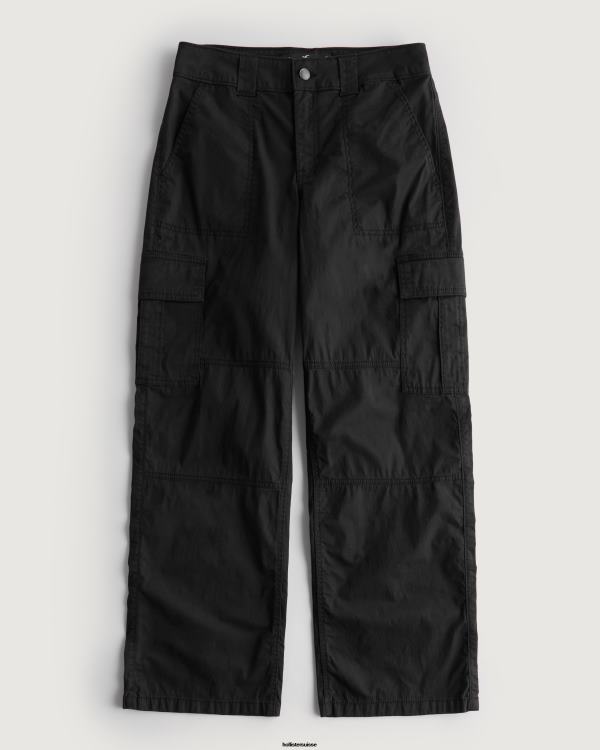 pantalon cargo ample en popeline à taille haute femmes noir Hollister bas RRRJX489