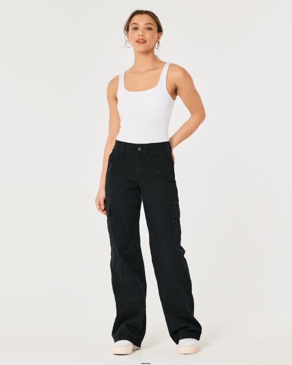 pantalon cargo ample en popeline à taille haute femmes noir Hollister bas RRRJX489