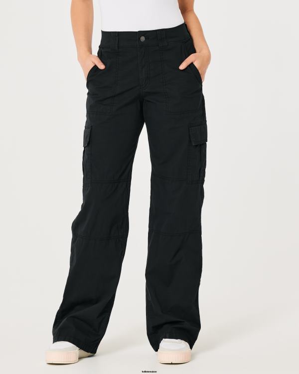 pantalon cargo ample en popeline à taille haute femmes noir Hollister bas RRRJX489