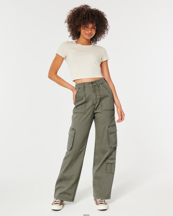 pantalon cargo baggy à 3 poches et taille ultra haute femmes olive verte Hollister bas RRRJX511