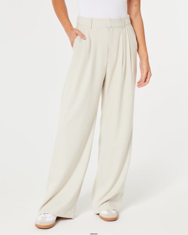 pantalon large plissé à taille ultra haute femmes crème Hollister bas RRRJX502