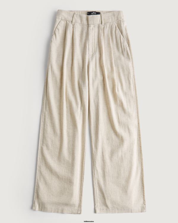pantalon large taille ultra haute en lin mélangé femmes beige Hollister bas RRRJX743