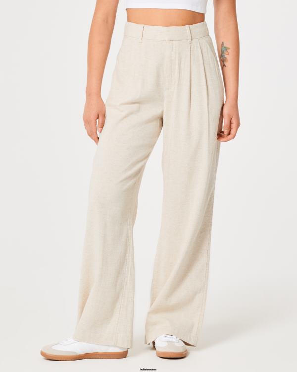 pantalon large taille ultra haute en lin mélangé femmes beige Hollister bas RRRJX743