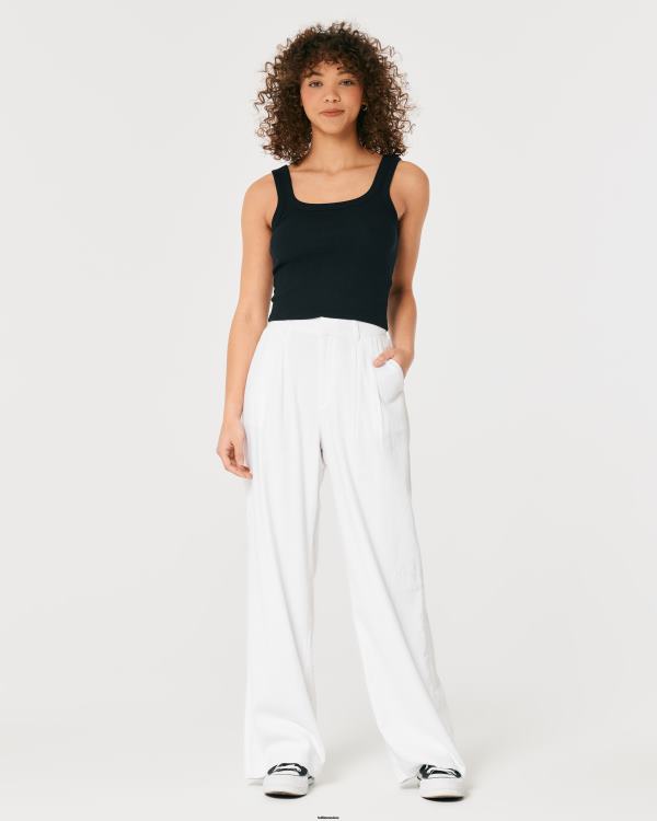 pantalon large taille ultra haute en lin mélangé femmes blanc Hollister bas RRRJX490