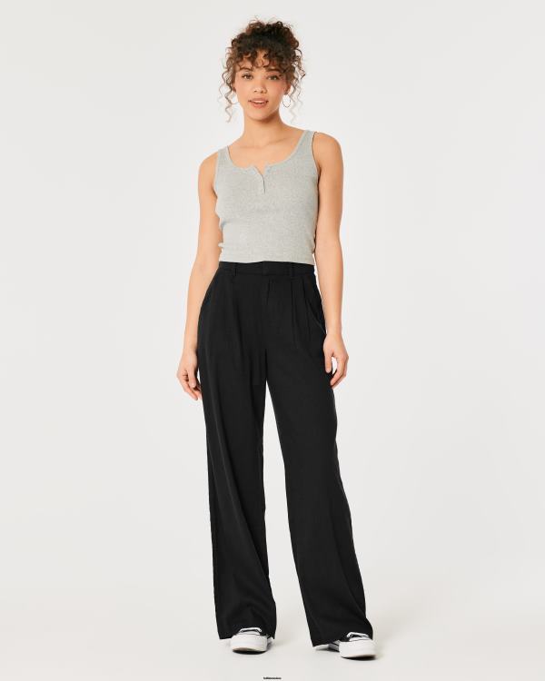 pantalon large taille ultra haute en lin mélangé femmes noir Hollister bas RRRJX734