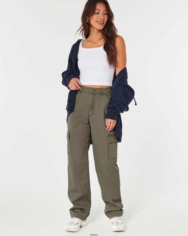 pantalon papa cargo à taille ultra haute femmes olive verte Hollister bas RRRJX649