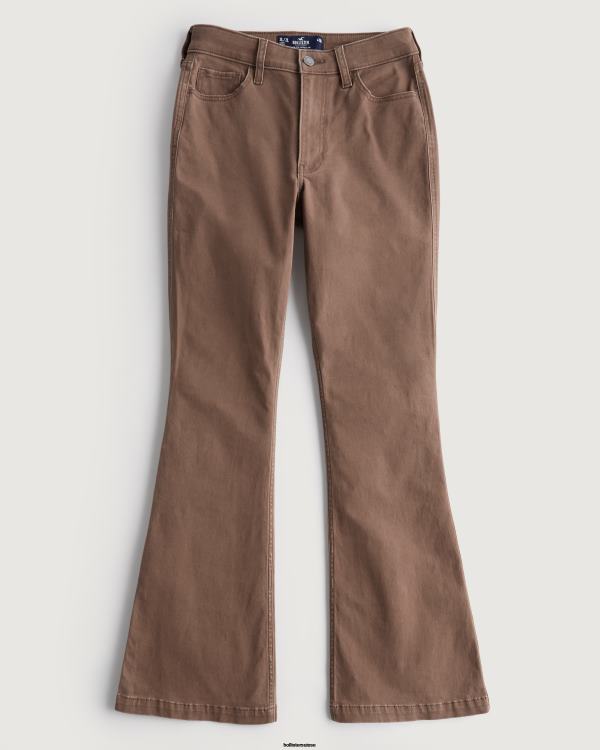 pantalon évasé à taille haute en sergé femmes marron foncé Hollister bas RRRJX617