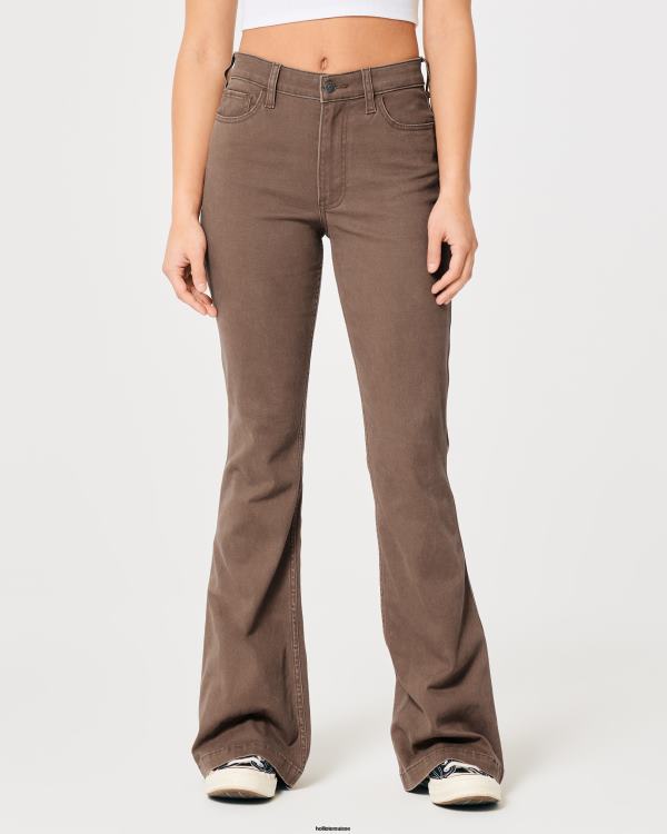 pantalon évasé à taille haute en sergé femmes marron foncé Hollister bas RRRJX617