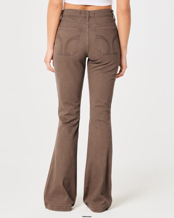 pantalon évasé à taille haute en sergé femmes marron foncé Hollister bas RRRJX617