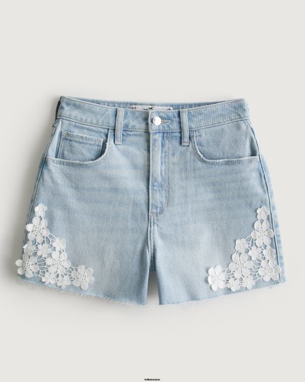 short en denim crochet délavé moyen à taille ultra haute femmes lavage léger Hollister bas RRRJX691