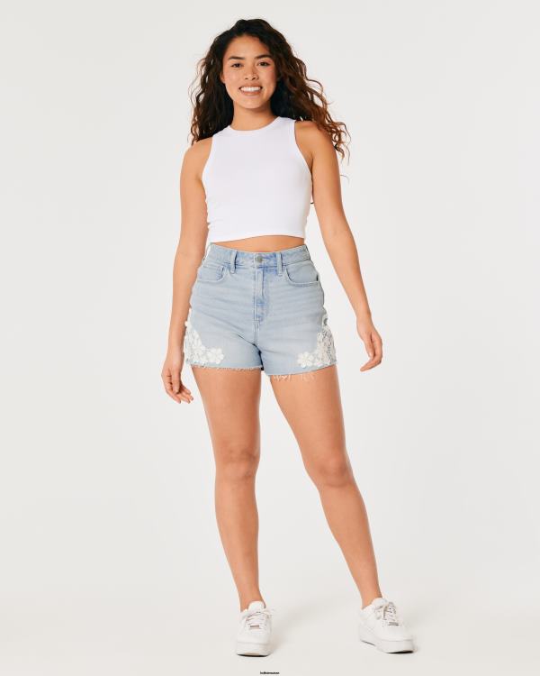 short en denim crochet délavé moyen à taille ultra haute femmes lavage léger Hollister bas RRRJX691