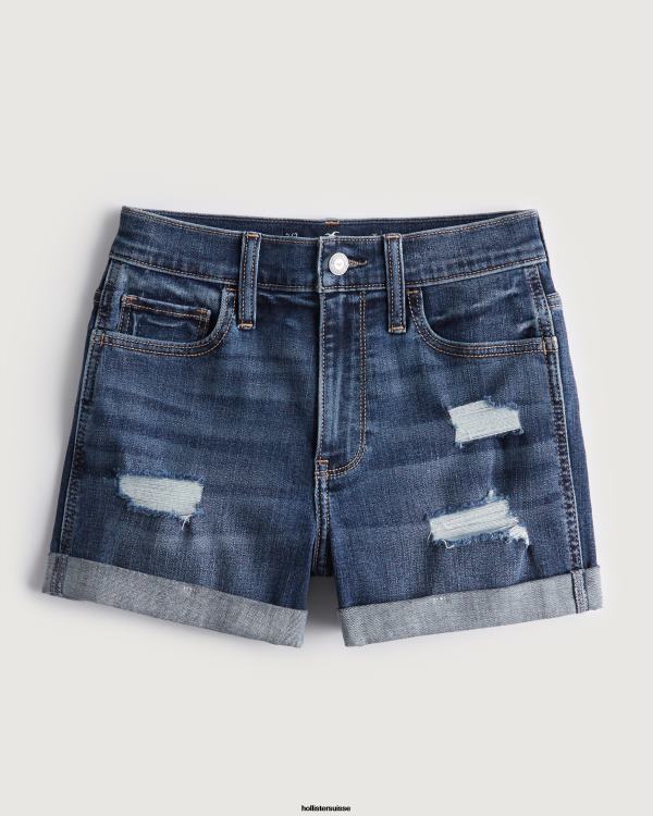 short en denim délavé foncé déchiré à taille haute 3'' femmes lavage déchiré foncé Hollister bas RRRJX470