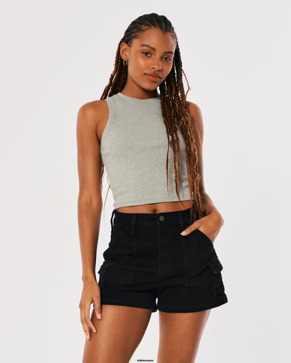 short mom cargo en denim noir à taille ultra-haute femmes noir Hollister bas RRRJX562