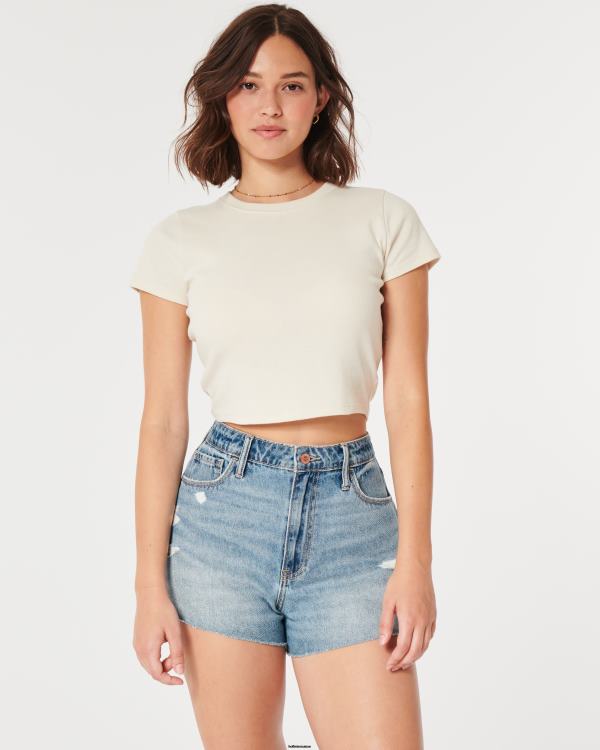 short mom courbé en denim délavé moyen à taille ultra haute femmes lavage déchiré moyen Hollister bas RRRJX640