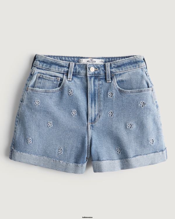 short mom courbé en denim légèrement délavé à taille ultra haute et brodé femmes lavage moyen léger Hollister bas RRRJX558