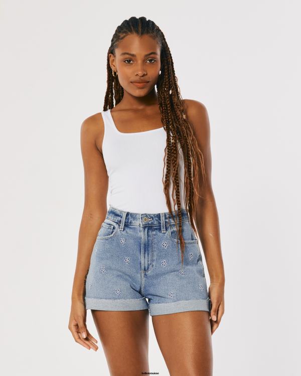 short mom courbé en denim légèrement délavé à taille ultra haute et brodé femmes lavage moyen léger Hollister bas RRRJX558