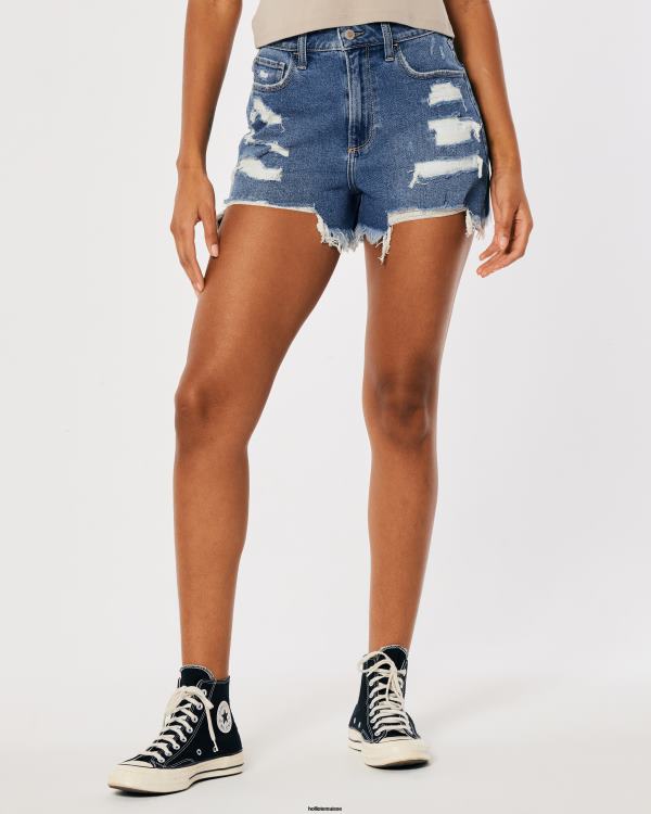 short mom en denim délavé foncé déchiré à taille ultra-haute et courbé femmes lavage déchiré moyen Hollister bas RRRJX745