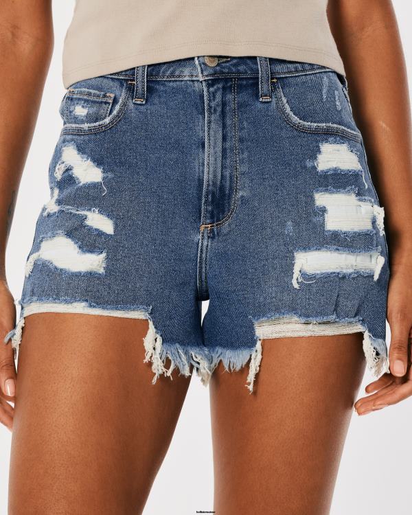 short mom en denim délavé foncé déchiré à taille ultra-haute et courbé femmes lavage déchiré moyen Hollister bas RRRJX745