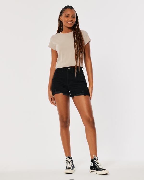 short mom en denim noir effet vieilli à taille ultra-haute femmes noir déchiré Hollister bas RRRJX582
