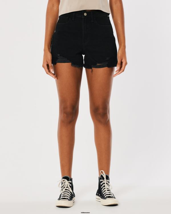 short mom en denim noir effet vieilli à taille ultra-haute femmes noir déchiré Hollister bas RRRJX582