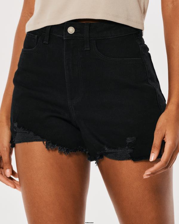 short mom en denim noir effet vieilli à taille ultra-haute femmes noir déchiré Hollister bas RRRJX582